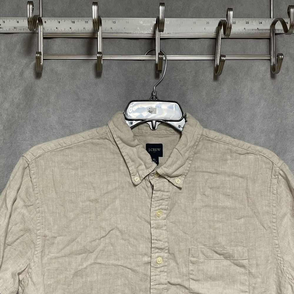 J Crew Shirt Men XL Beige Linen Cotton Button Up Casual Coastal S/S Curved Hem